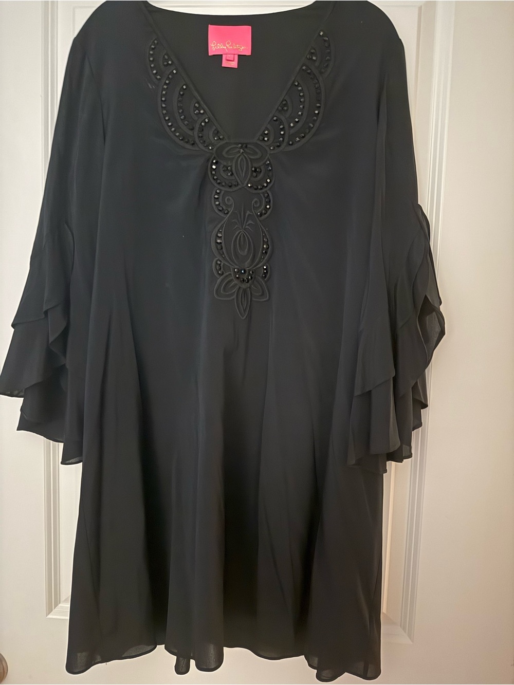 Lilly Pulitzer Black Beaded V-Neck Ruffle Sleeve Tunic Dress